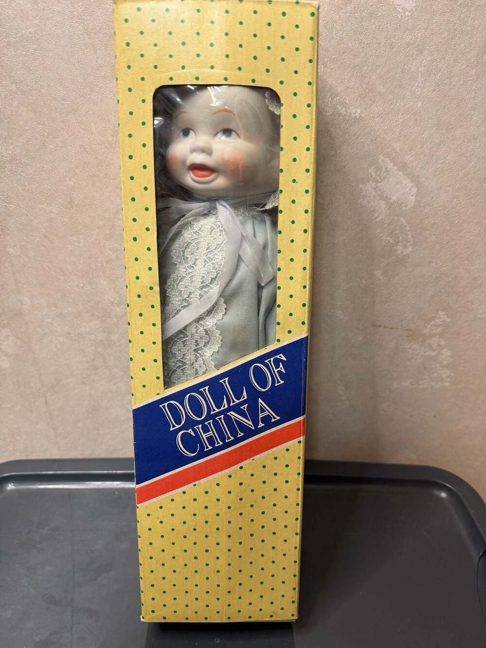 Doll of China Porcelain Baby Doll in Light Blue Dress with Bonnet in Box